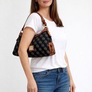 Dooney & Bourke DB Monogram Canvas Hobo Shoulder Bag Y2K Black Brown Leather 14”